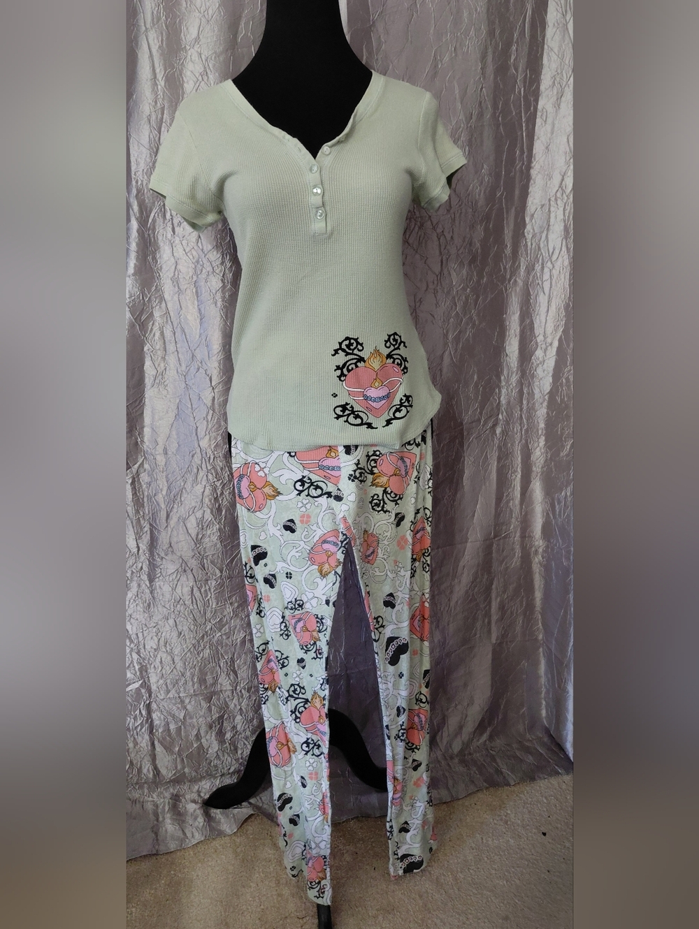 Pj Couture Mint Green Ribbed Henley Top with Pink Floral Heart Print Pajama Set